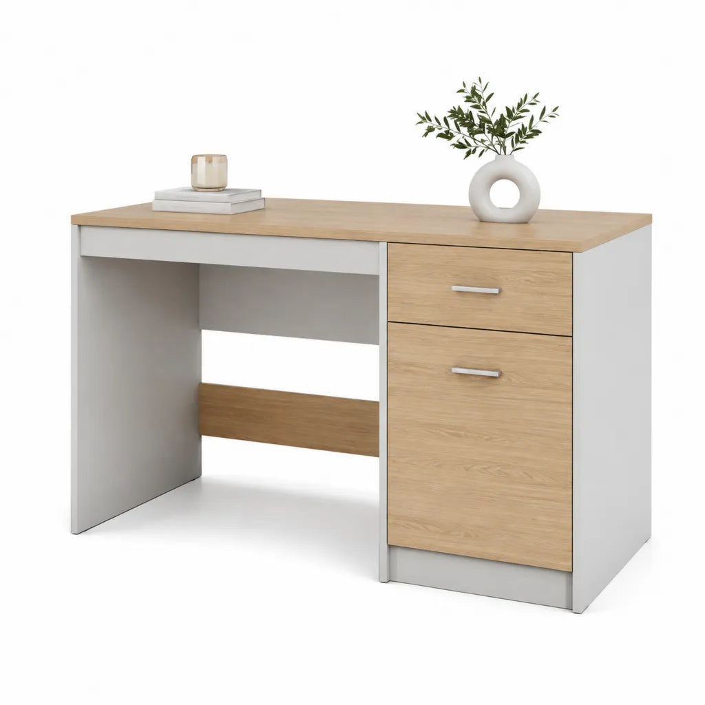 Schreibtisch mit 2 Schubladen Spanplatte rechteckig Eichefarben Weiss 120 x 60 x 75 cm