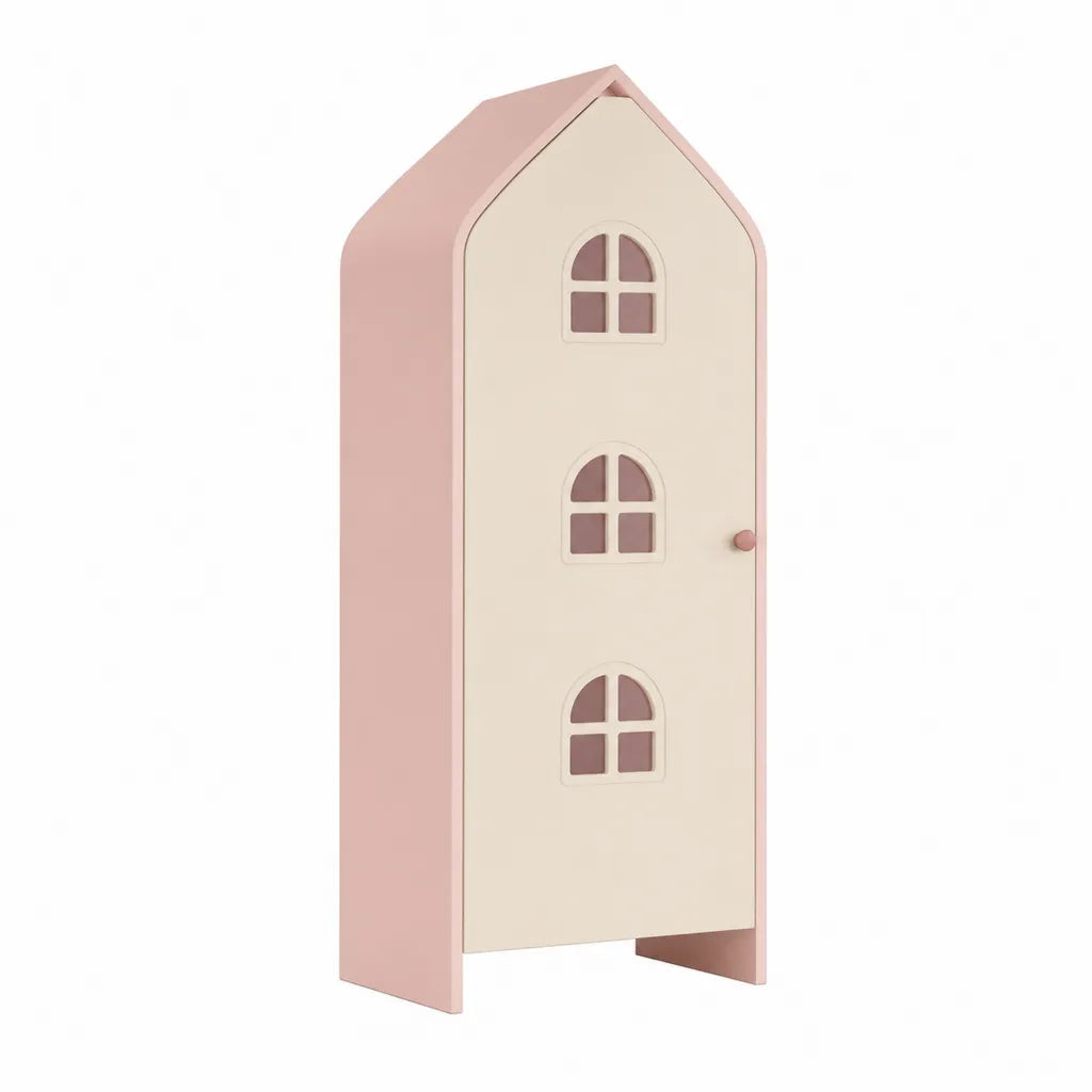 Kinderkleiderschrank in Hausform aus MDF Rosa Cremeweiss 60 x 45 x 160 cm