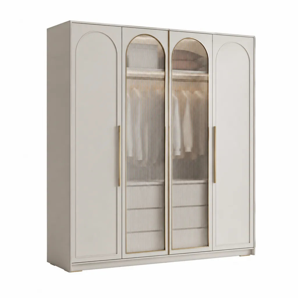 Kleiderschrank 4 Turen 200 cm breit 60 cm tief 200 cm hoch MDF Riffelglas rechteckig Cremeweiss