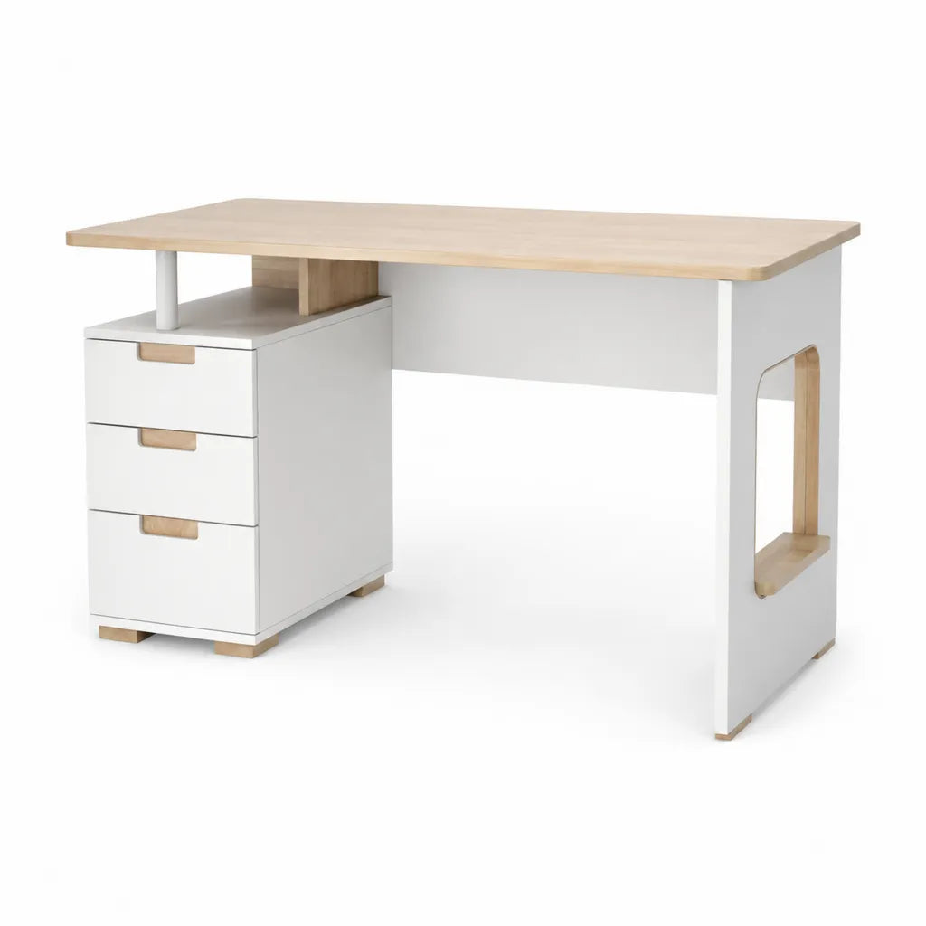 Schreibtisch mit 3 Schubladen MDF Gummibaum Massivholz rechteckig Weiss Natur 110 x 60 x 75 cm