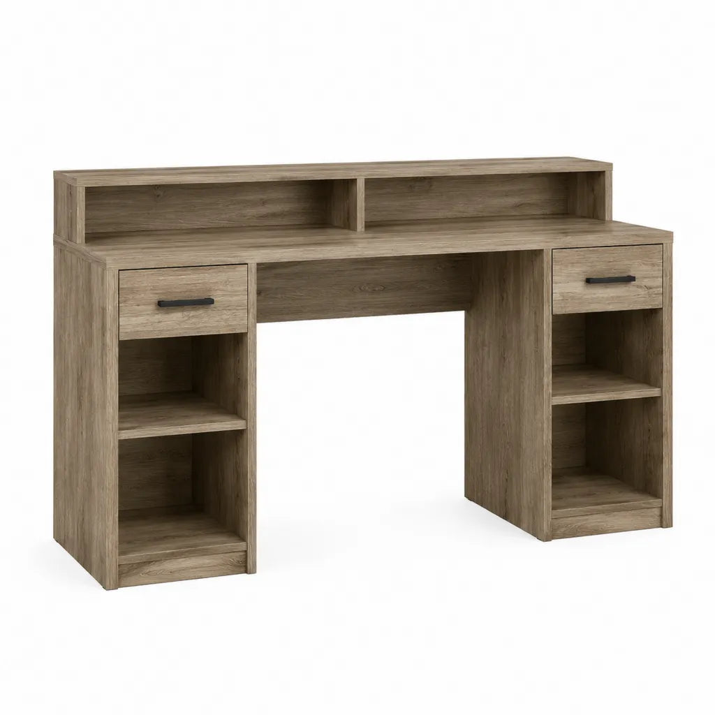Schreibtisch mit Aufsatz und 2 Schubladen Spanplatte Eichenoptik rechteckig 140 x 60 x 90 cm