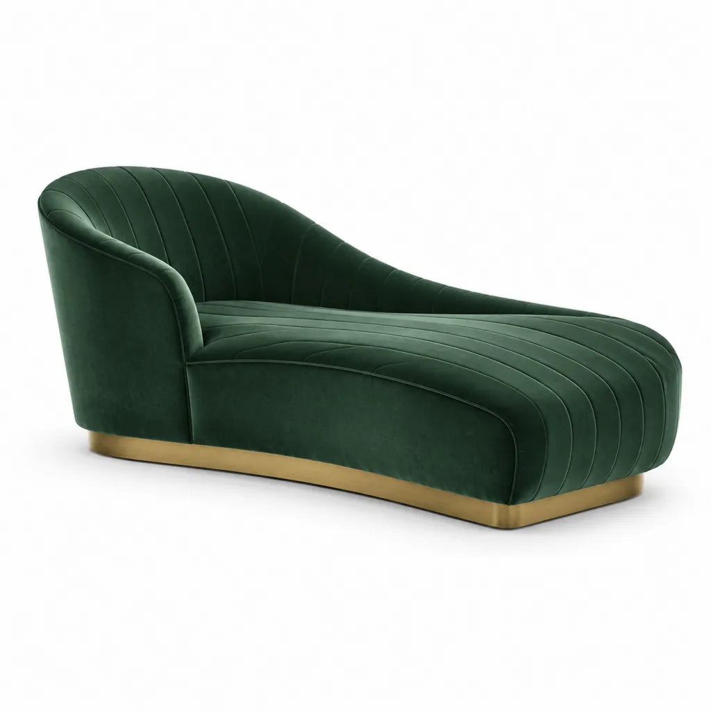 Chaiselongue 170 x 75 x 82 cm mit Polyestersamt Dunkelgrun und goldfarbener Stahlbasis