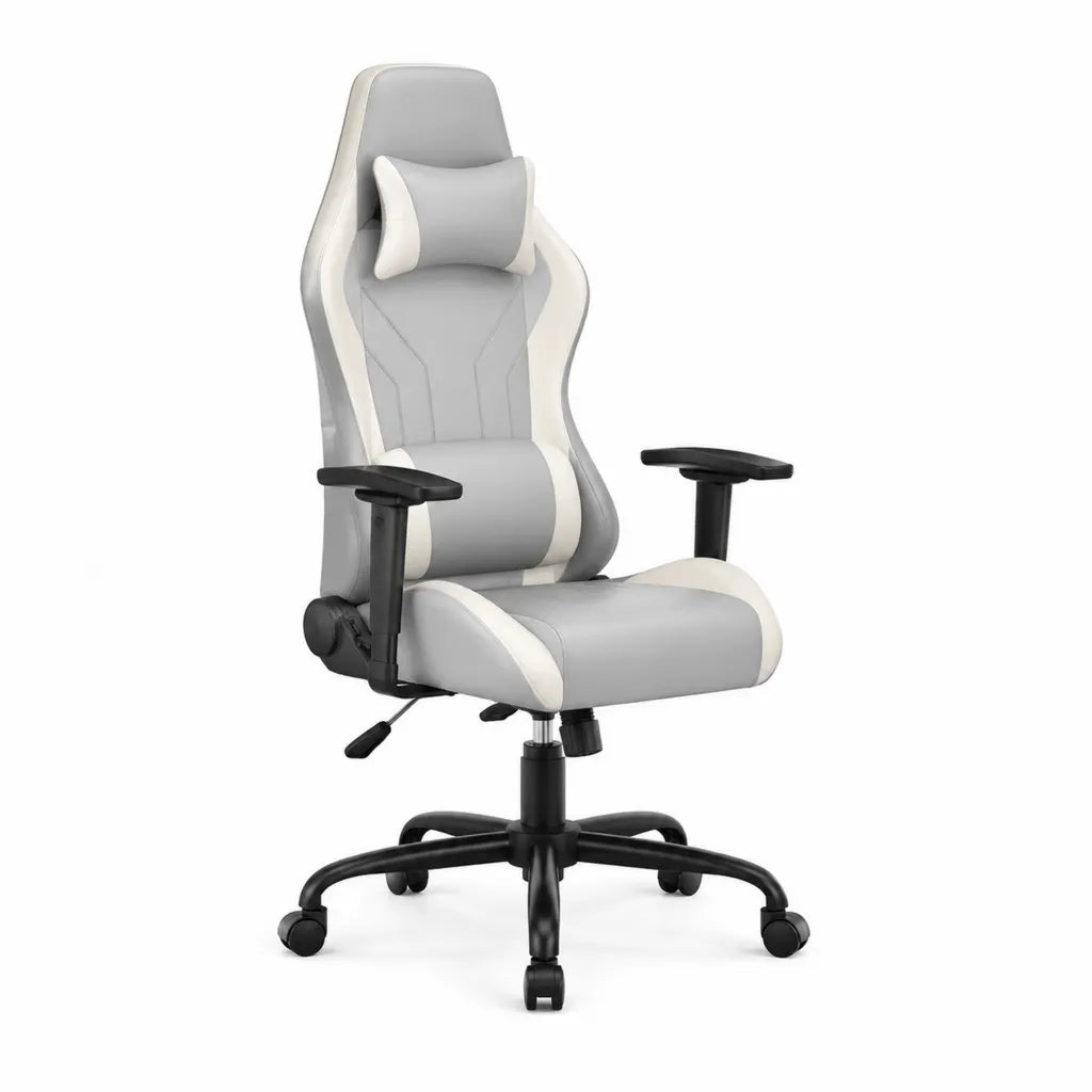 Gamingstuhl mit PU-Kunstlederbezug in Grau Weiss 65 x 65 x 118-128 cm