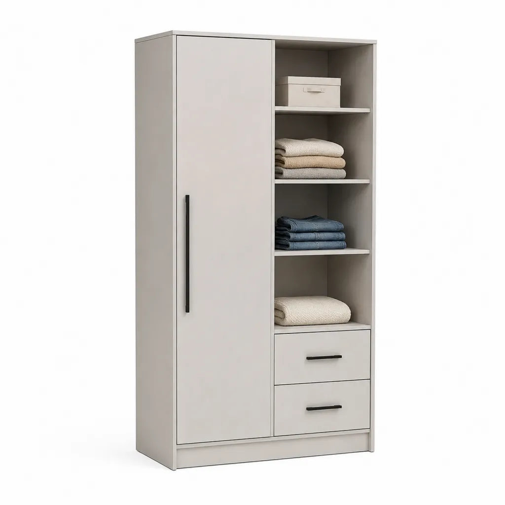 Kleiderschrank mit Tur offenen Regalen und 2 Schubladen 80 x 40 x 180 cm Spanplatte Melamin Hellgrau rechteckig