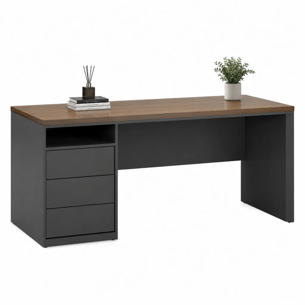 Schreibtisch mit 3 Schubladen und offenem Fach 140 x 60 x 75 cm Spanplatte rechteckig Walnuss Graphit