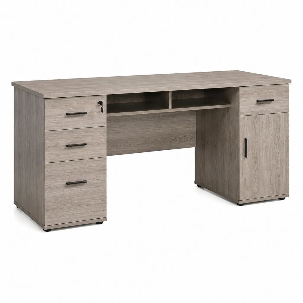 Schreibtisch mit 4 Schubladen und Schrank Spanplatte rechteckig Grau Eiche 140 x 60 x 75 cm