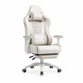 Gamingstuhl mit Fussstutze und hoher Ruckenlehne aus PU-Kunstleder in Weiss Beige 70 x 70 x 128-138 cm
